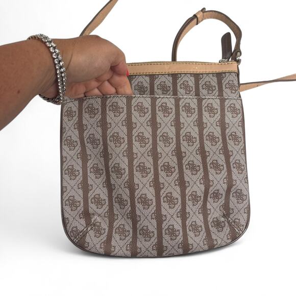 Guess Logo Print Brown Charm Crossbody Purse Vegan Coquette Bling Tan AOP Retro - Picture 3 of 12